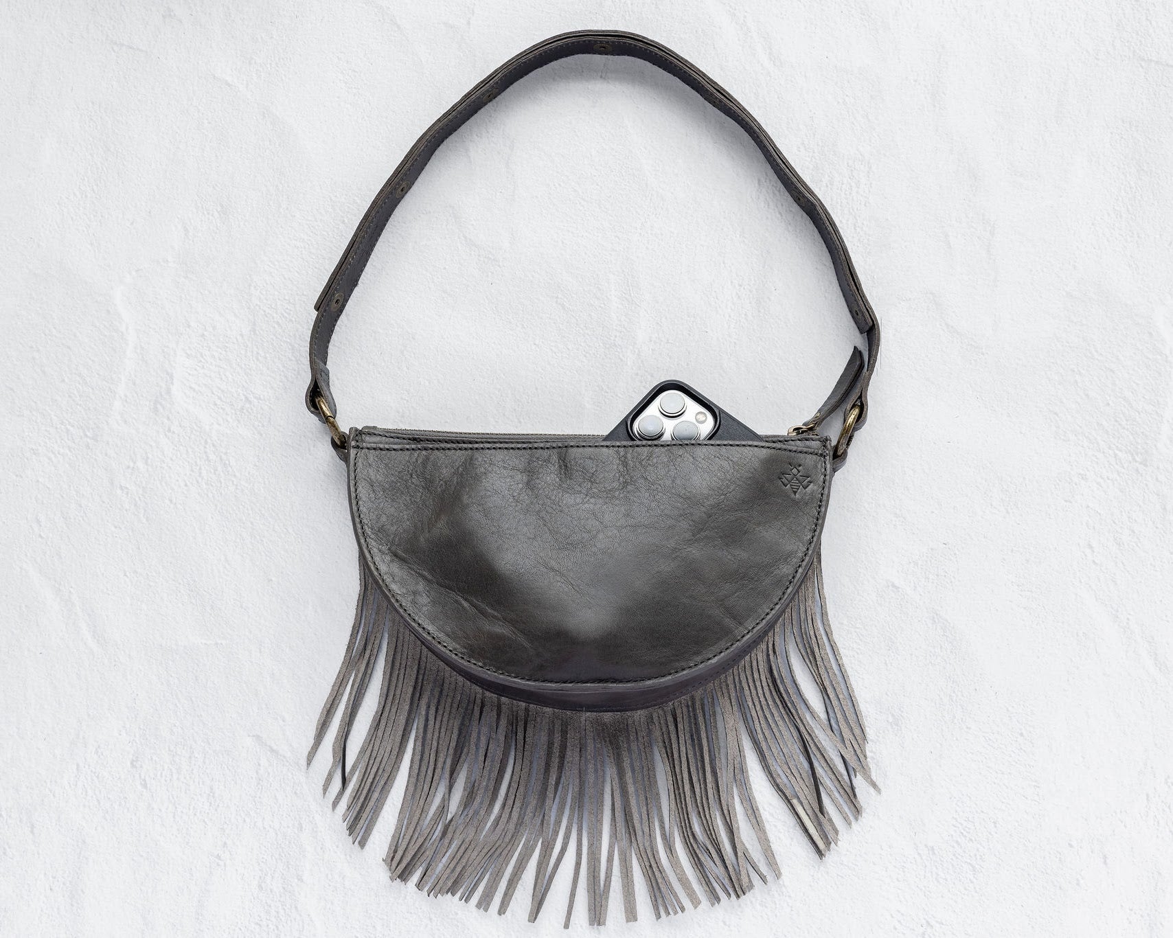 Small charcoal leather fringe pouch, crossbody bag, back with phone pocket