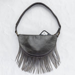 Small charcoal leather fringe pouch, crossbody bag, back with phone pocket