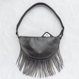 Small charcoal leather fringe pouch, crossbody bag, back with phone pocket