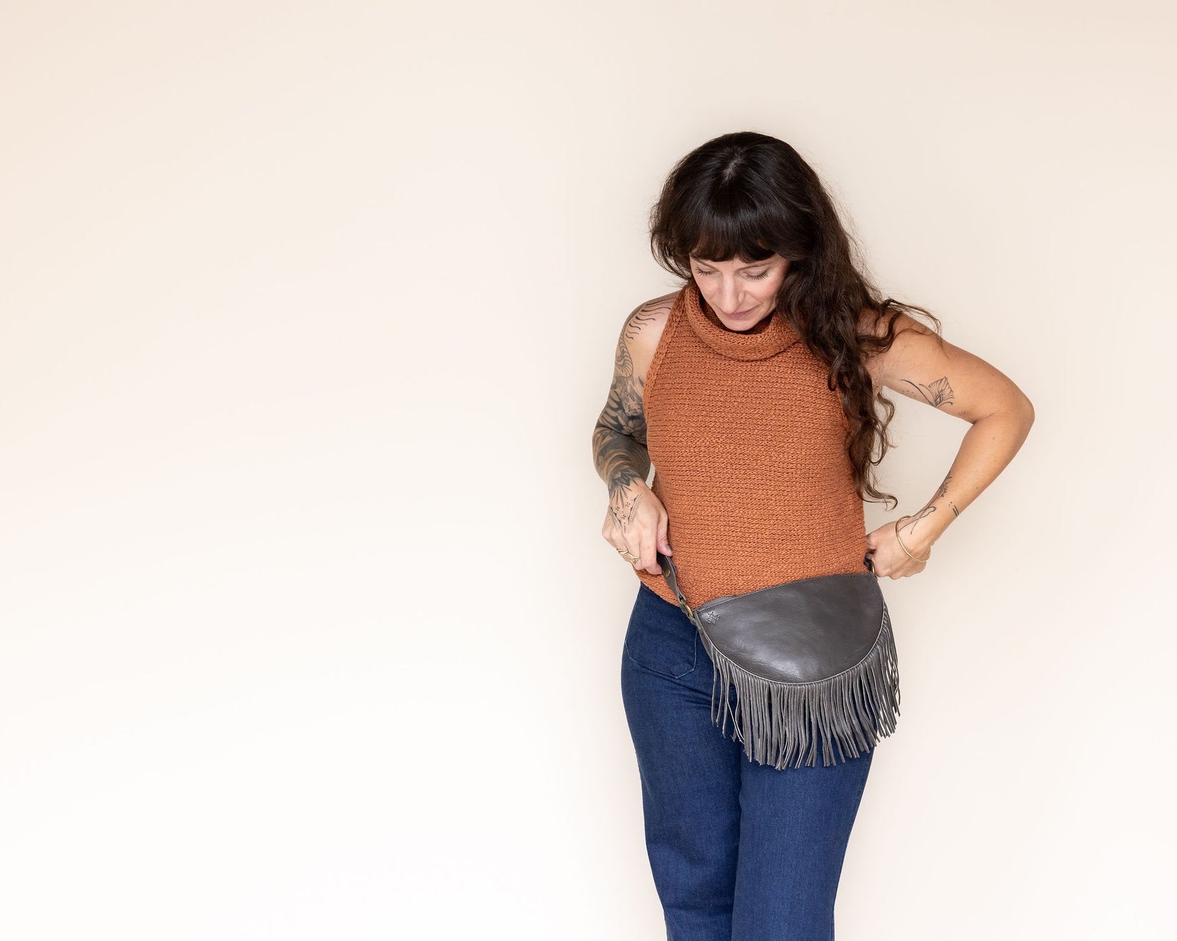 Small charcoal leather fringe pouch, belt bag