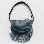 Small teal leather fringe pouch, crossbody bag, back with phone pocket