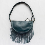Small teal leather fringe pouch, crossbody bag, back with phone pocket