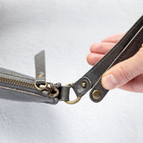 Close-up of the snap on a charcoal leather pouch