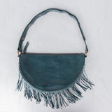 Medium teal leather fringe crossbody bag