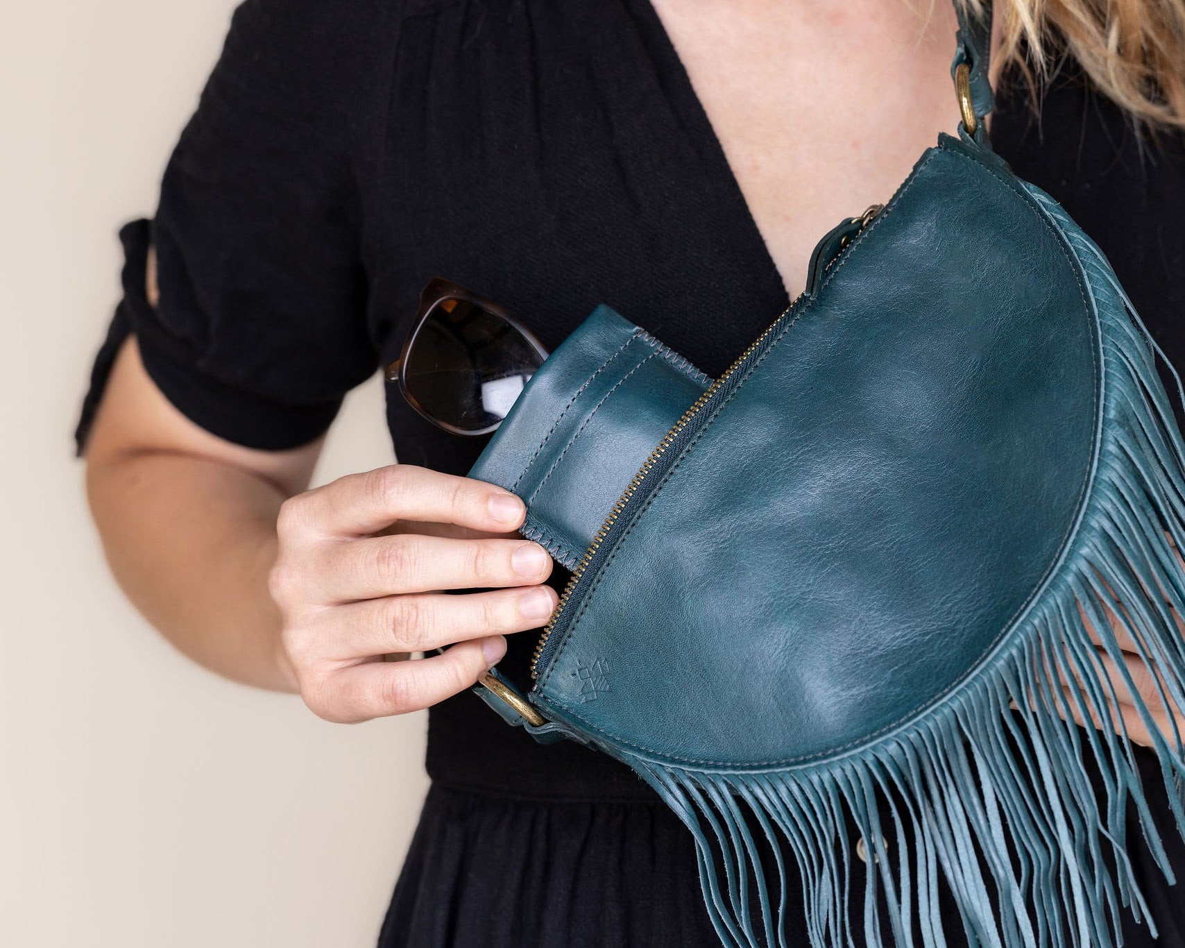 Teal leather sunglass case