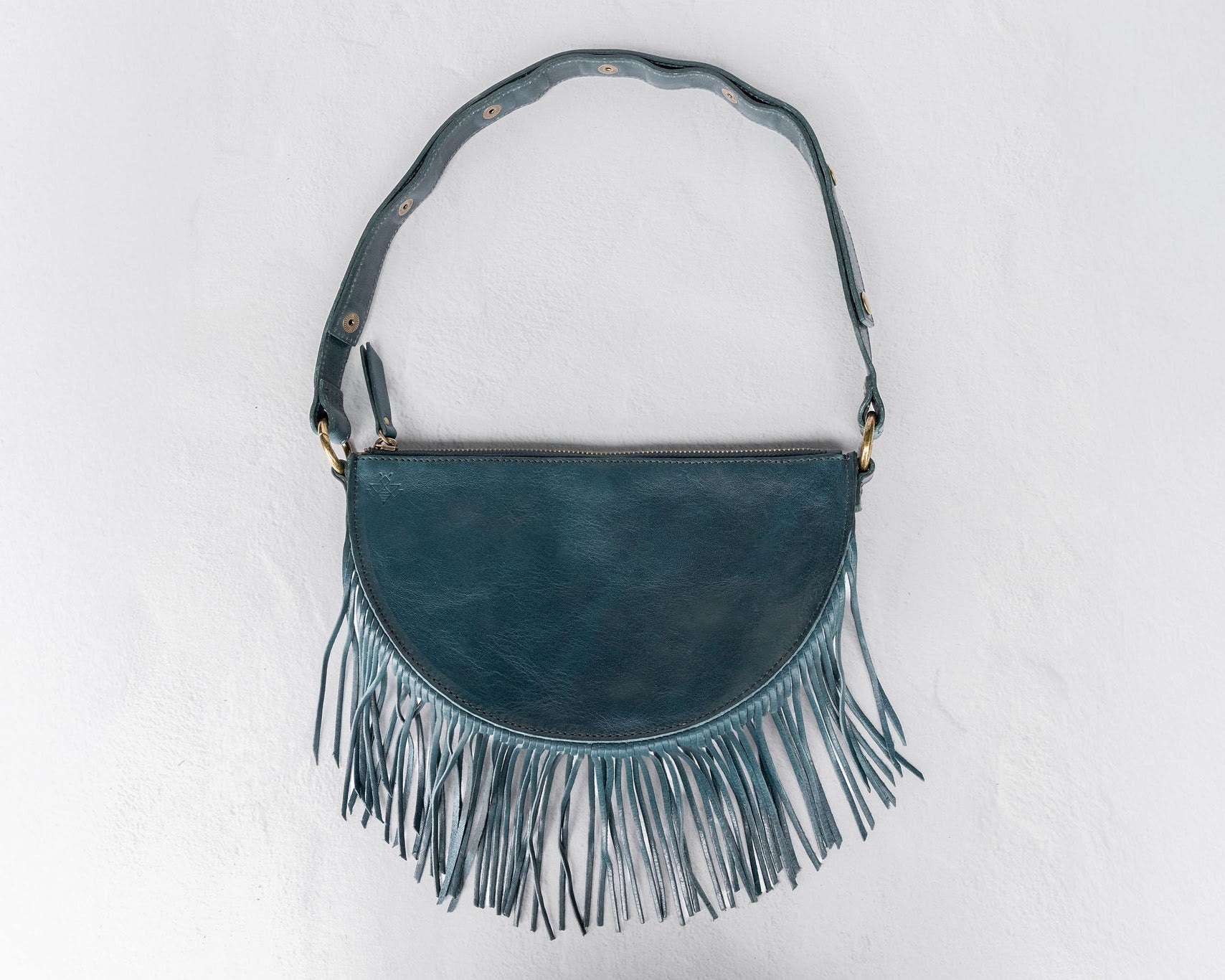 Small teal leather fringe pouch, crossbody bag