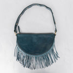Small teal leather fringe pouch, crossbody bag