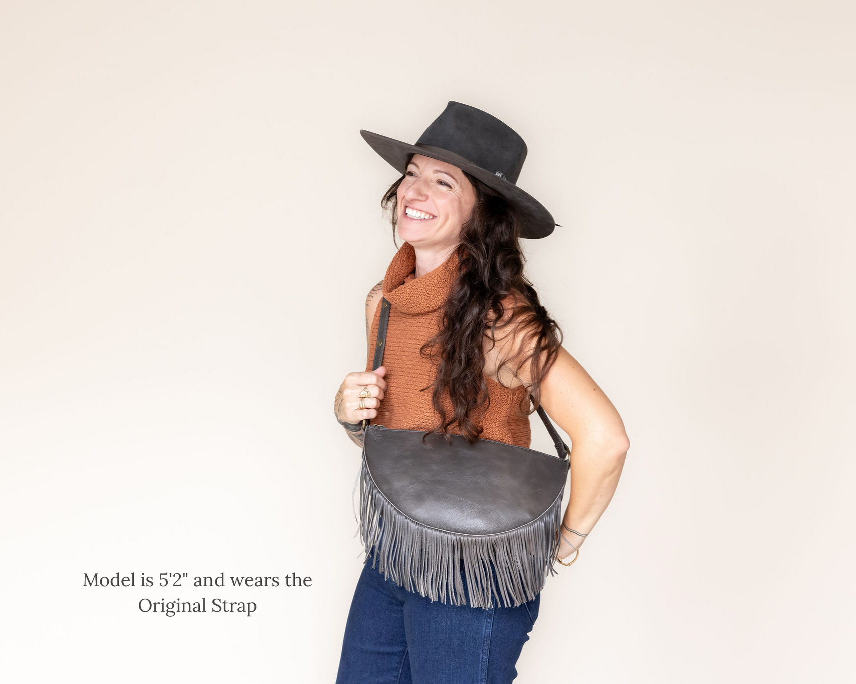 Large charcoal leather fringe crossbody bag