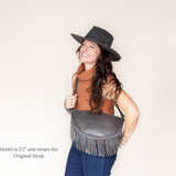 Large charcoal leather fringe crossbody bag