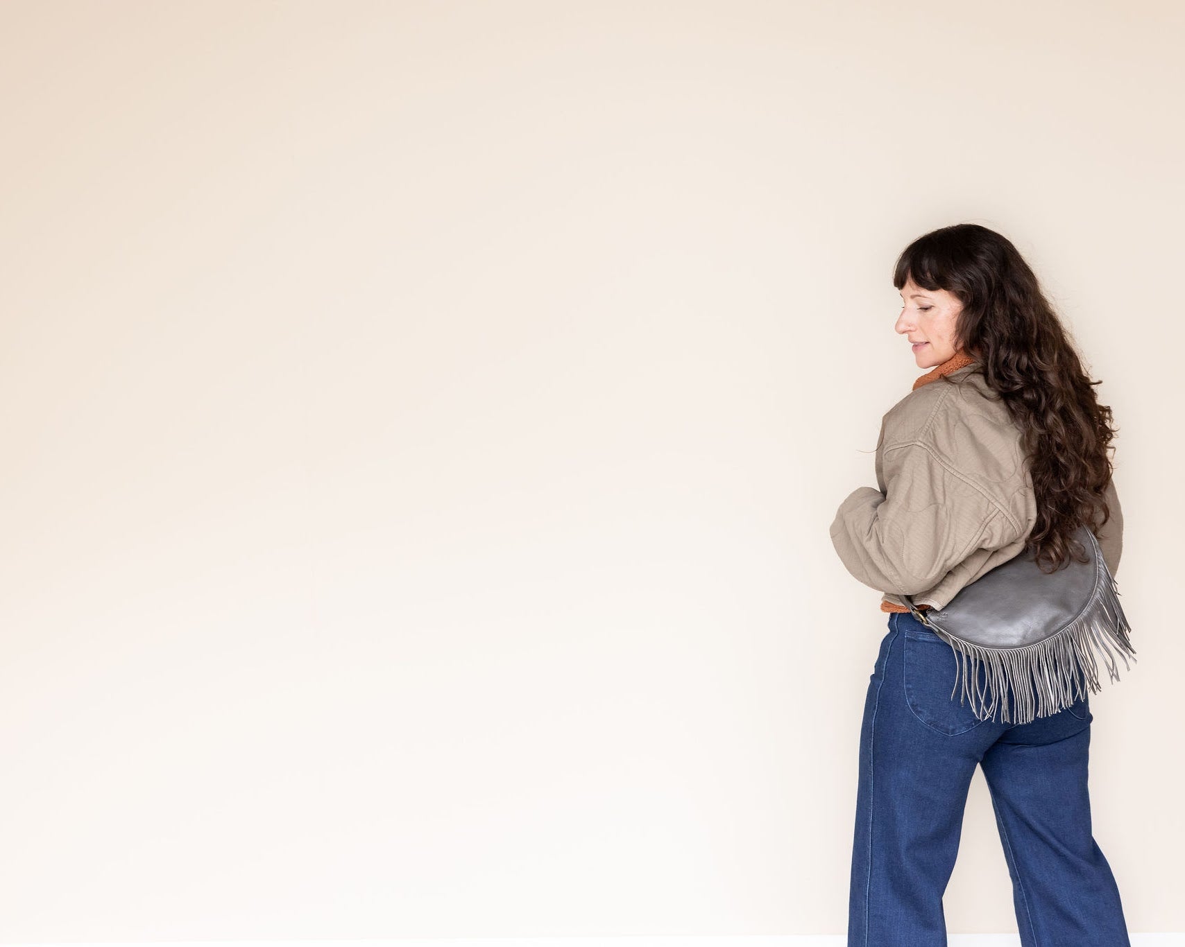 Medium charcoal leather fringe belt bag