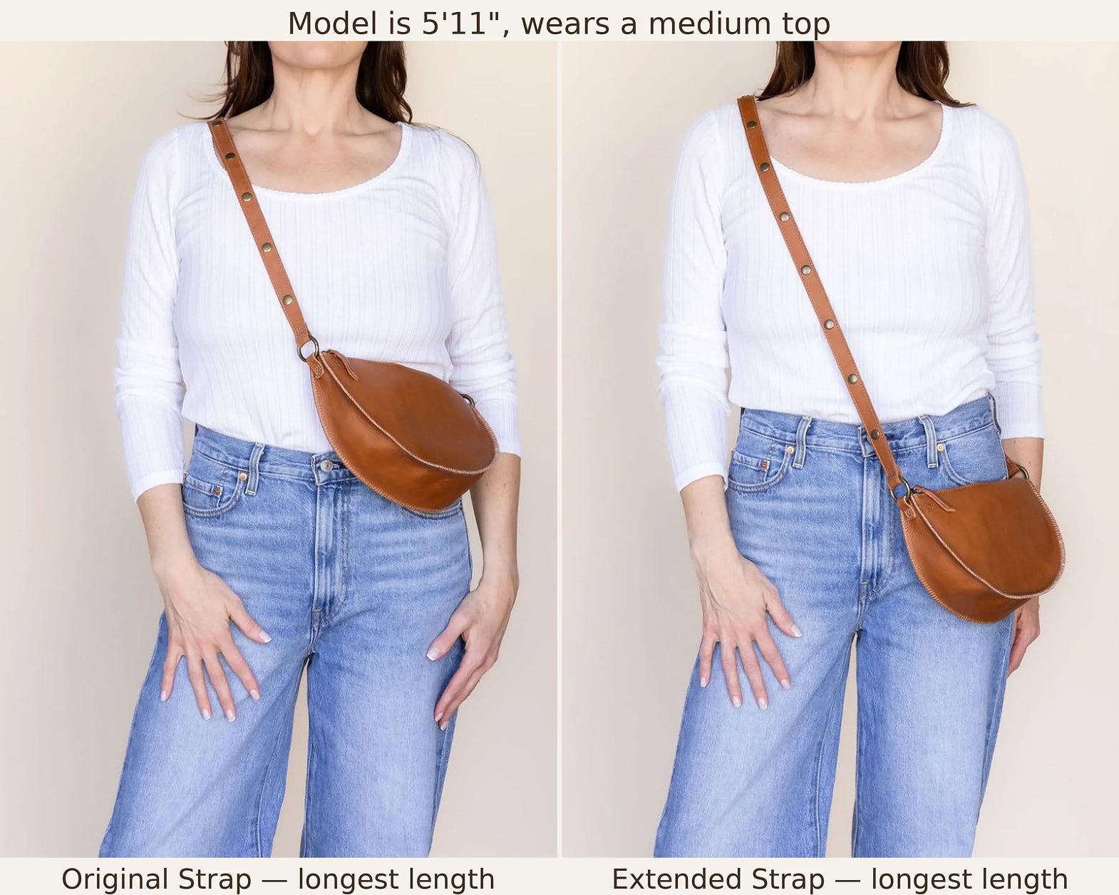 Side-by-side comparison showing a model wearing a brown leather crescent shoulder bag, demonstrating the strap length. The left side shows the bag with the original strap, and the right side shows the bag with the extended strap.