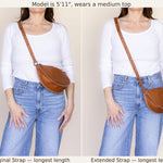Side-by-side comparison showing a model wearing a brown leather crescent shoulder bag, demonstrating the strap length. The left side shows the bag with the original strap, and the right side shows the bag with the extended strap.
