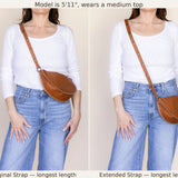 Side-by-side comparison showing a model wearing a brown leather crescent shoulder bag, demonstrating the strap length. The left side shows the bag with the original strap, and the right side shows the bag with the extended strap.