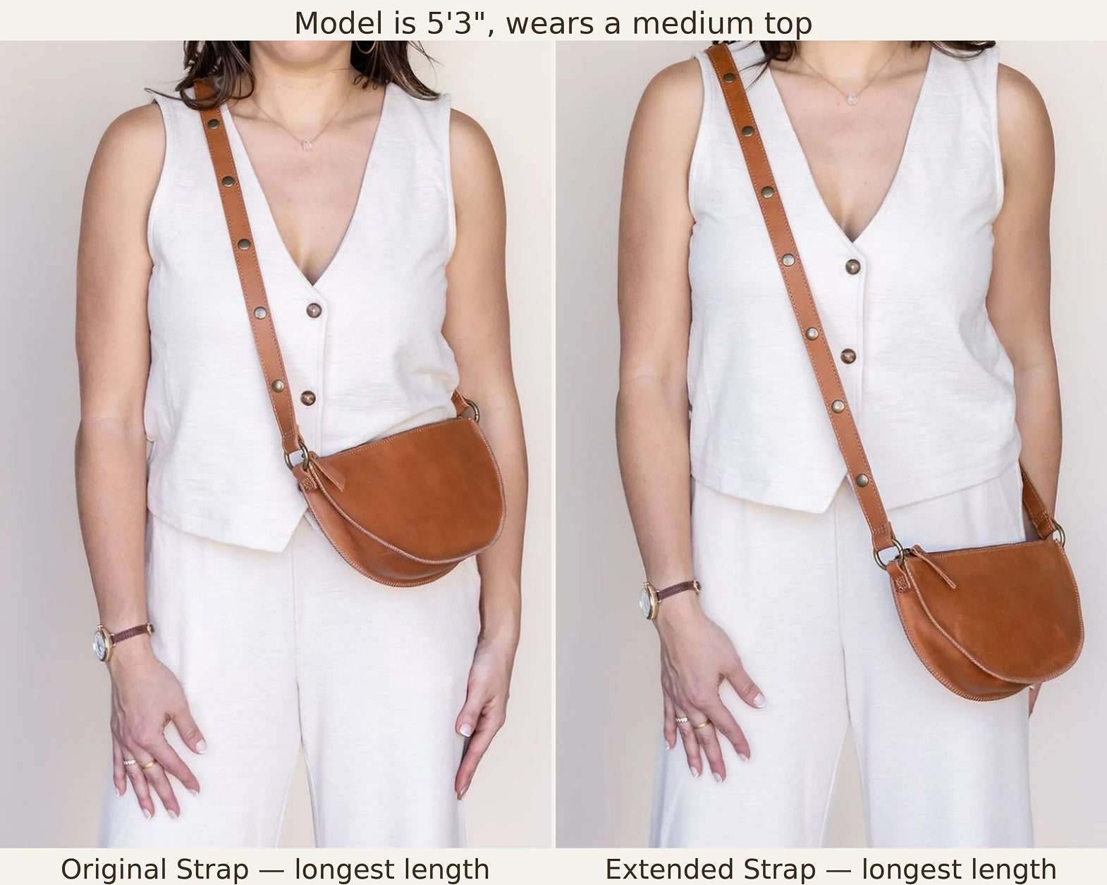 Side-by-side comparison showing a model wearing a brown leather crossbody bag with an adjustable strap. The left panel shows the bag with the original strap, and the right panel shows the bag with the extended strap.
