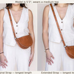 Side-by-side comparison showing a model wearing a brown leather crossbody bag with an adjustable strap. The left panel shows the bag with the original strap, and the right panel shows the bag with the extended strap.