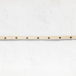 A beige leather belt with brass hardware, featuring five evenly spaced brass rivets and a matching brass ring on each end, laid horizontally on a textured white background.
