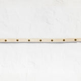 A beige leather belt with brass hardware, featuring five evenly spaced brass rivets and a matching brass ring on each end, laid horizontally on a textured white background.