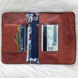 Leather cognac wallet for traveling