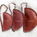 Large cognac leather crossbody bag, size comparison