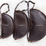 Medium dark brown leather bag, size comparison