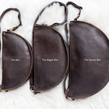 Large dark brown leather bag, size comparison