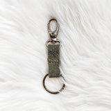 Keychain with a metal clasp on a white textured background