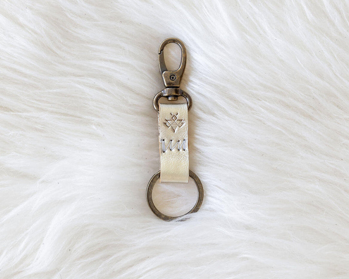 Keychain with engraved text on a white fur surface