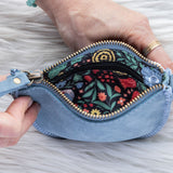 Blue denim pouch with floral interior held by a hand on a gray background