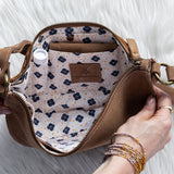Brown handbag with floral interior on a white fluffy surface