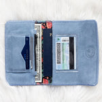 Blue wallet with cards and a passport on a white textured surface