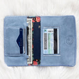 Blue wallet with cards and a passport on a white textured surface