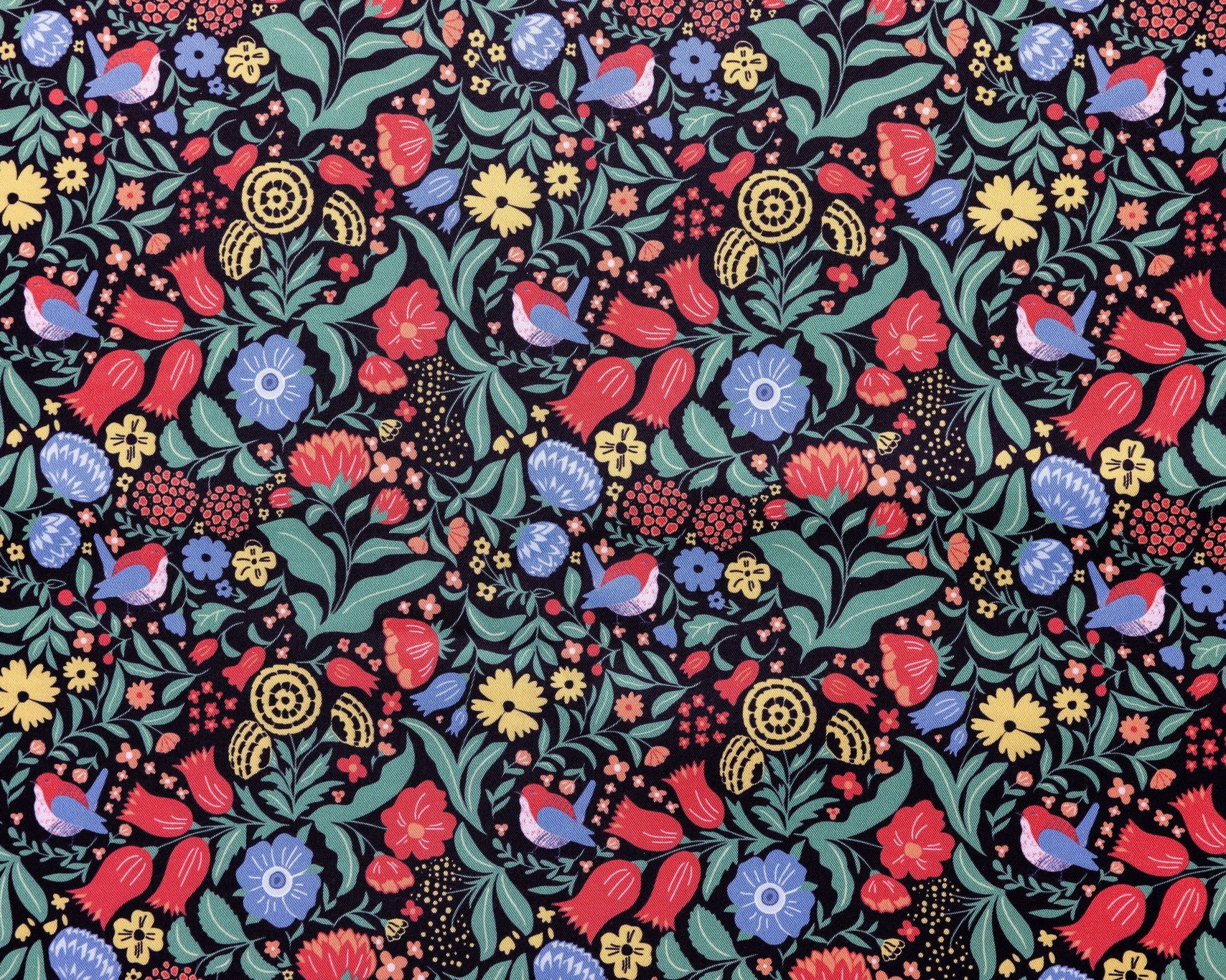 Colorful floral and bird pattern on a black background