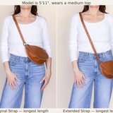 Strap length comparison for the Woven Terracotta & Seashell Queen Bee (model 5 feet 11 inches)