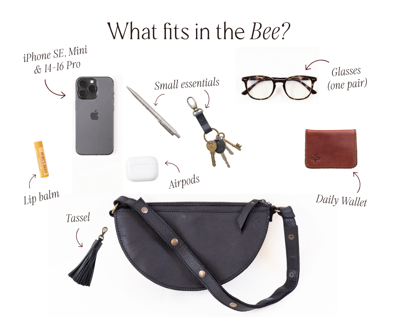 Black crossbody bag with list of items it can hold on a white background