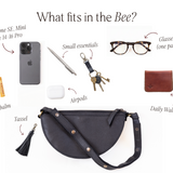 Black crossbody bag with list of items it can hold on a white background