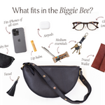 Black waist bag with items it can hold, labeled on a white background