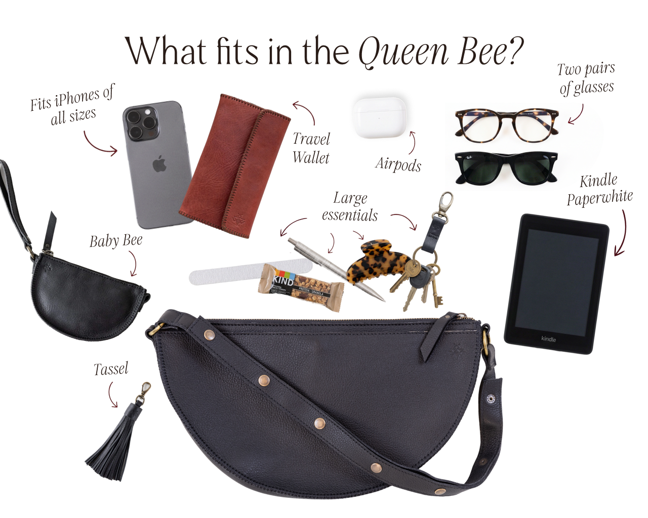 Black crossbody bag with items it can hold on a white background