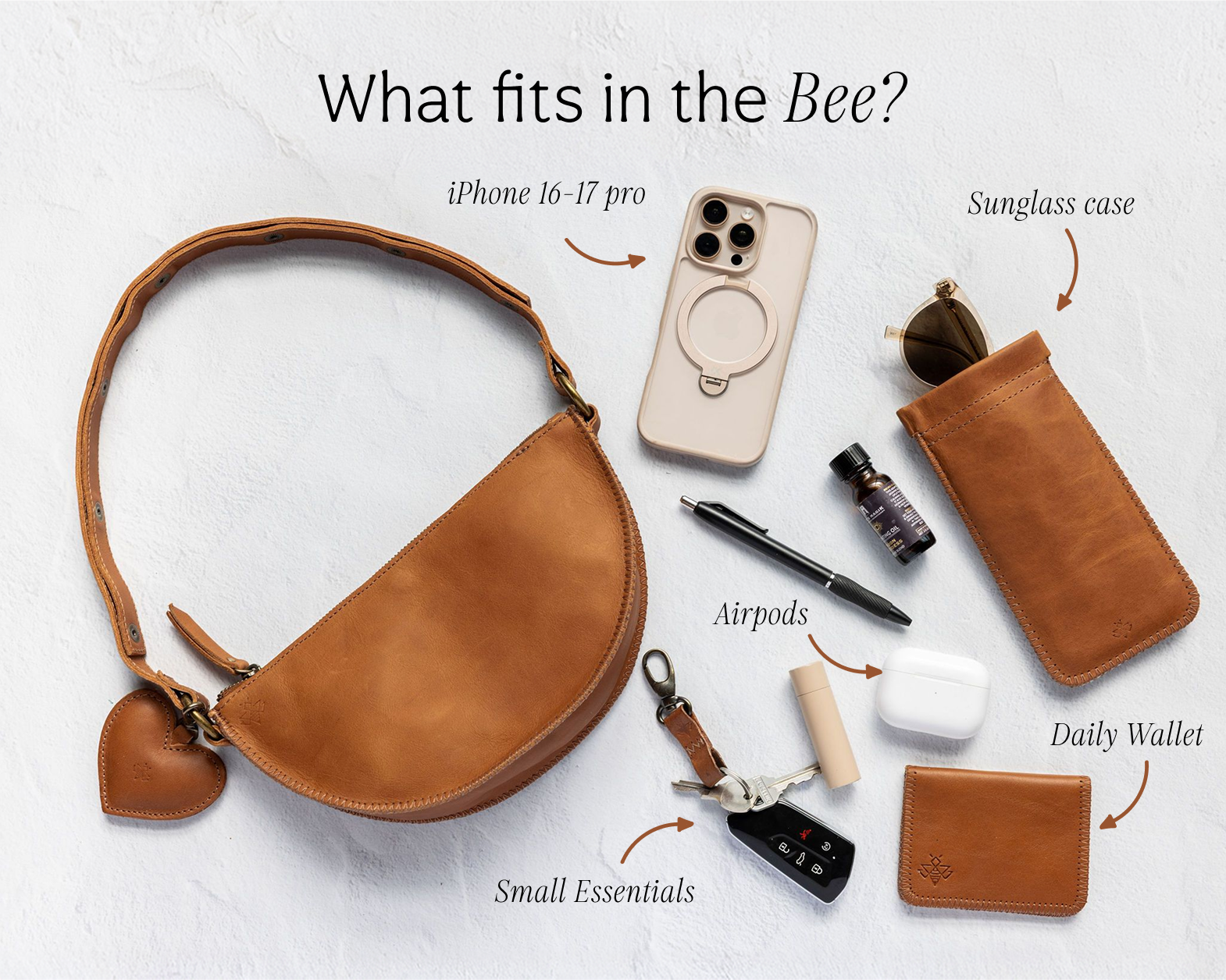 Black crossbody bag with list of items it can hold on a white background