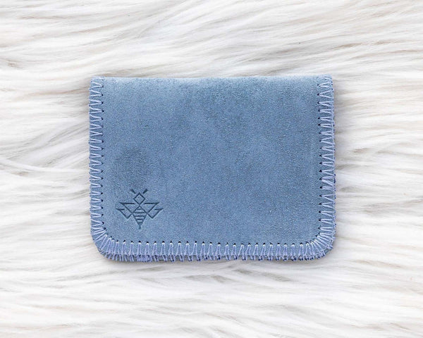 Blue fabric cardholder on a white textured background