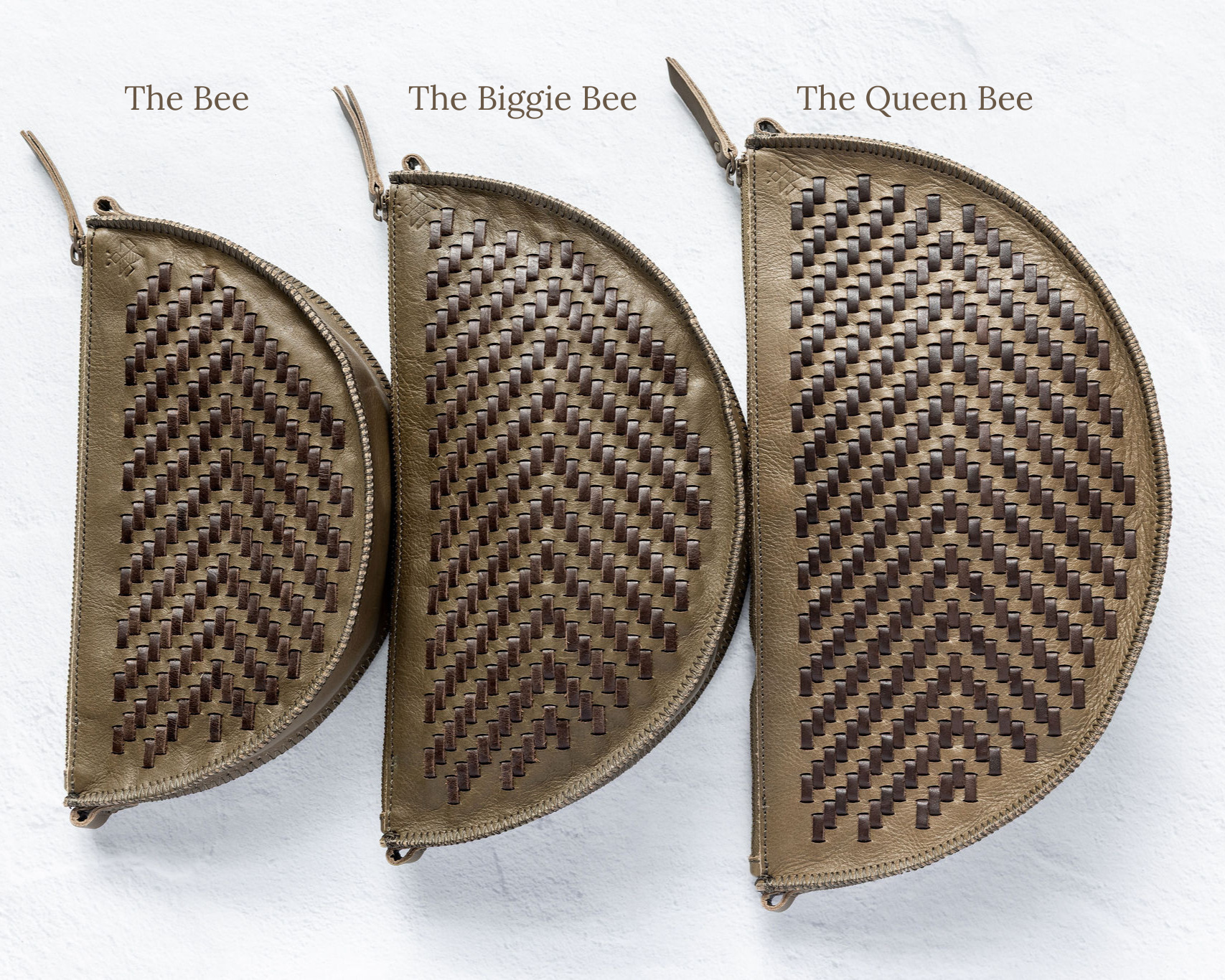 Size comparison of the Bee, Biggie Bee, and Queen Bee in Woven Sage & Espresso
