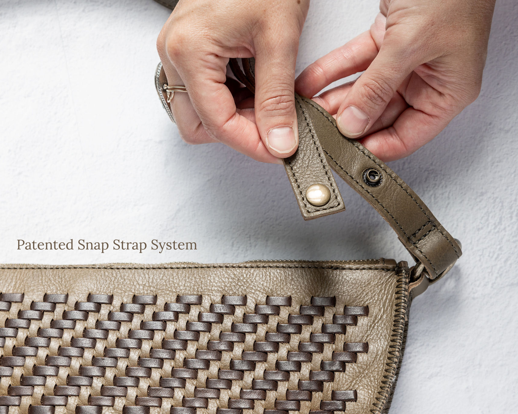 Close-up of the Patented Snap Strap System on the Woven Queen Bee