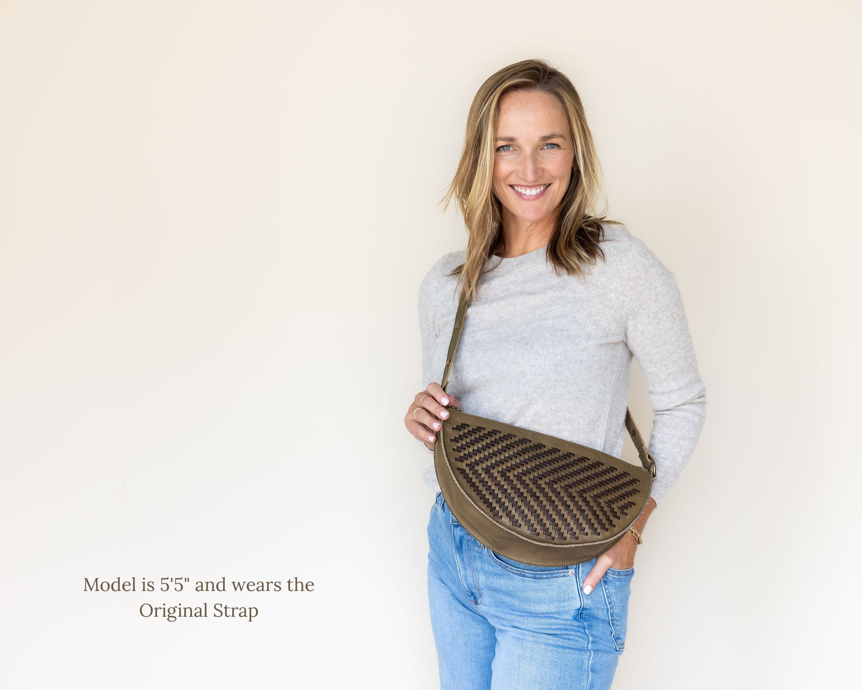 The Woven Sage & Espresso Queen Bee worn crossbody