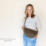 The Woven Sage & Espresso Queen Bee worn crossbody