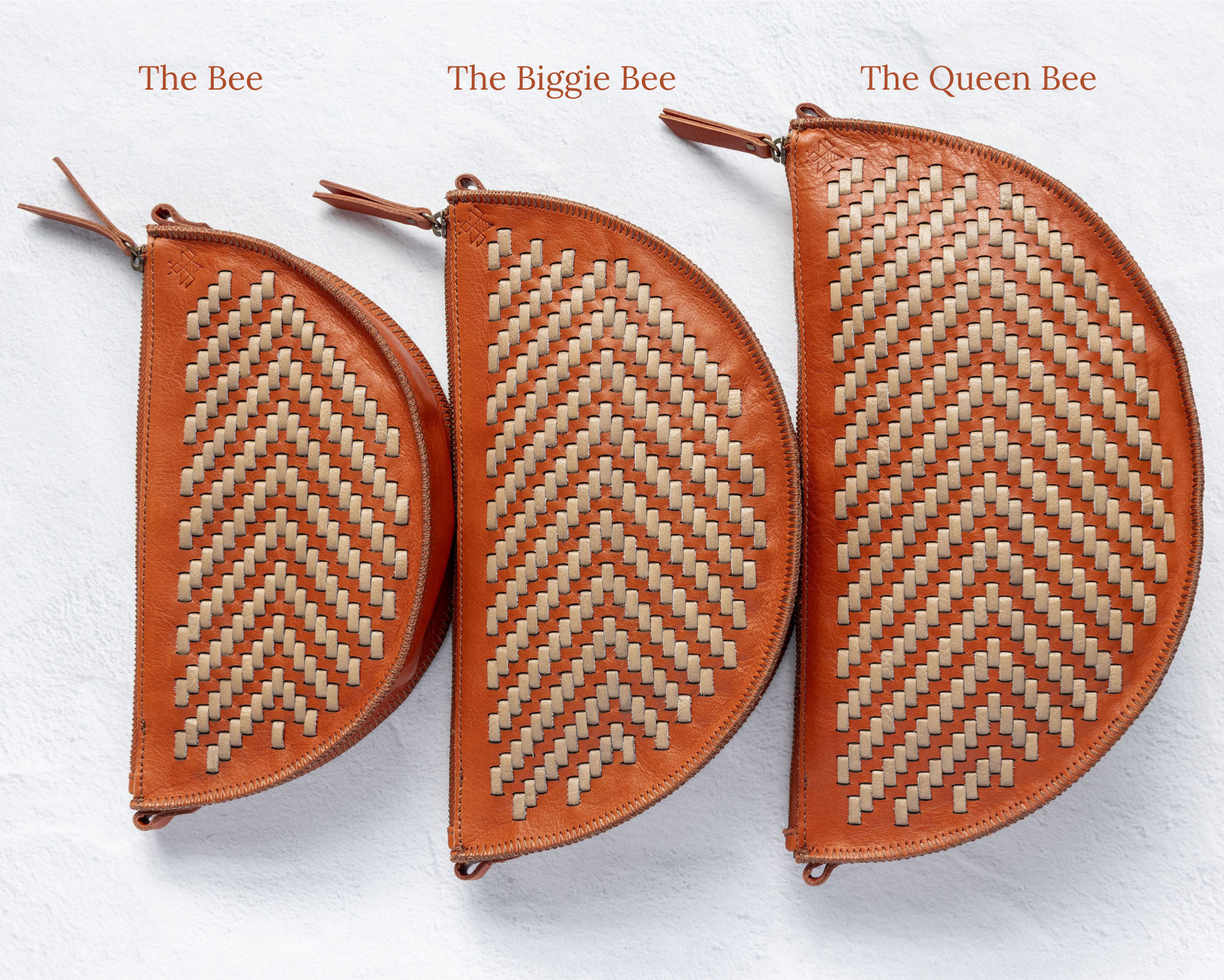 Size comparison of the Bee, Biggie Bee, and Queen Bee in Woven Terracotta & Seashell