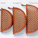 Size comparison of the Bee, Biggie Bee, and Queen Bee in Woven Terracotta & Seashell