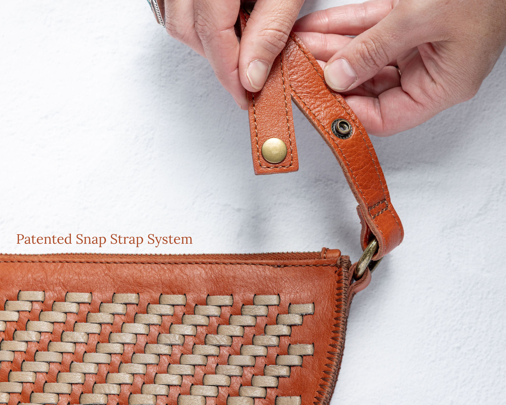 Close-up of the Patented Snap Strap System on the Woven Biggie Bee