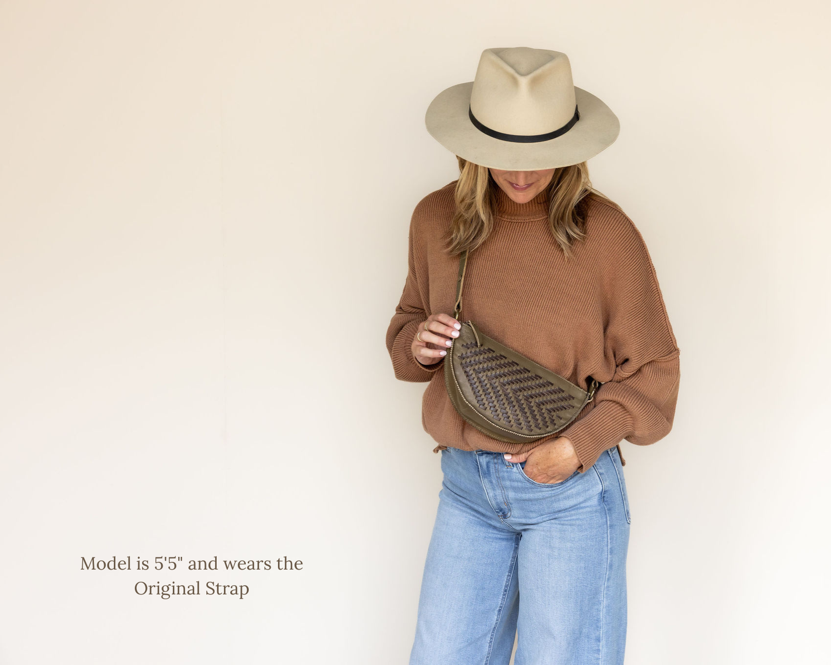 The Woven Sage & Espresso Bee worn crossbody