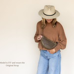 The Woven Sage & Espresso Bee worn crossbody