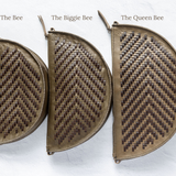 Size comparison of the Bee, Biggie Bee, and Queen Bee in Woven Sage & Espresso
