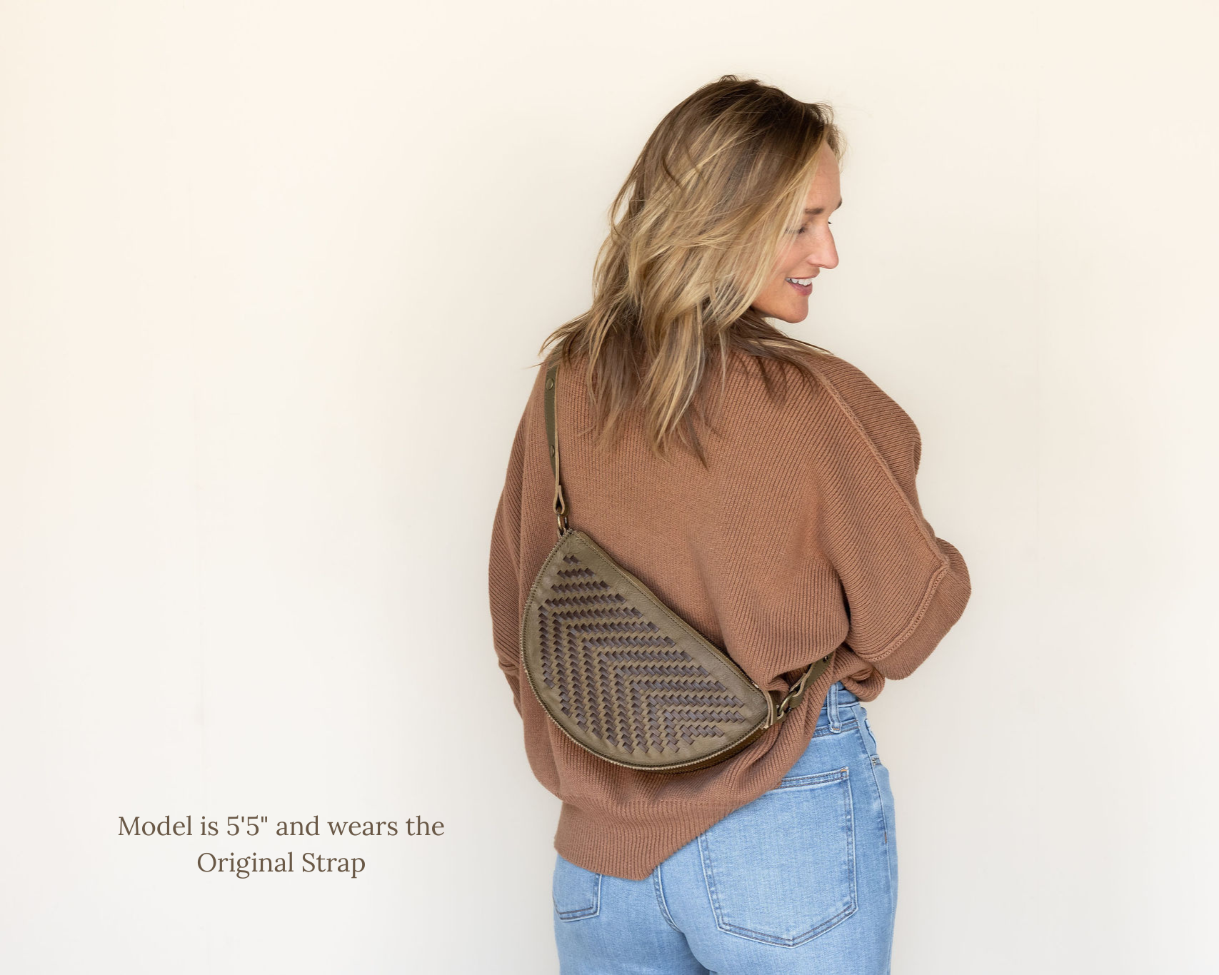 The Woven Sage & Espresso Biggie Bee worn across the body